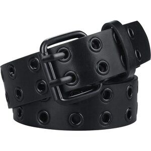 Men's All Black Double Prong Alloy Buckle Vintage Punk Jeans Pu Leather Belts